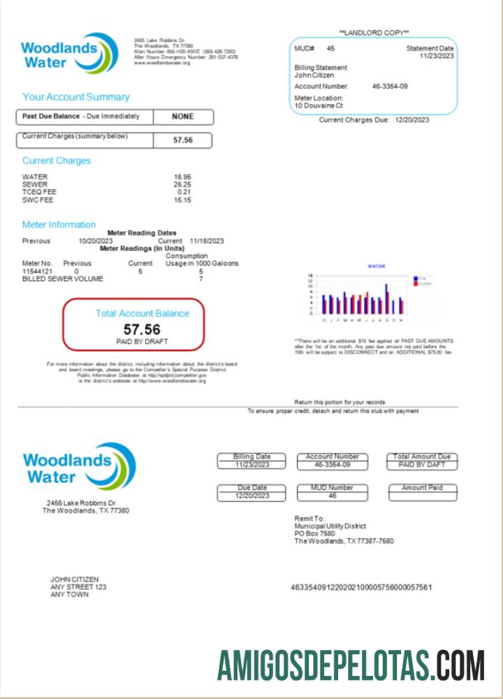 Para baixar modelo Word e PDF de conta de serviços públicos de água de Woodlands dos EUA